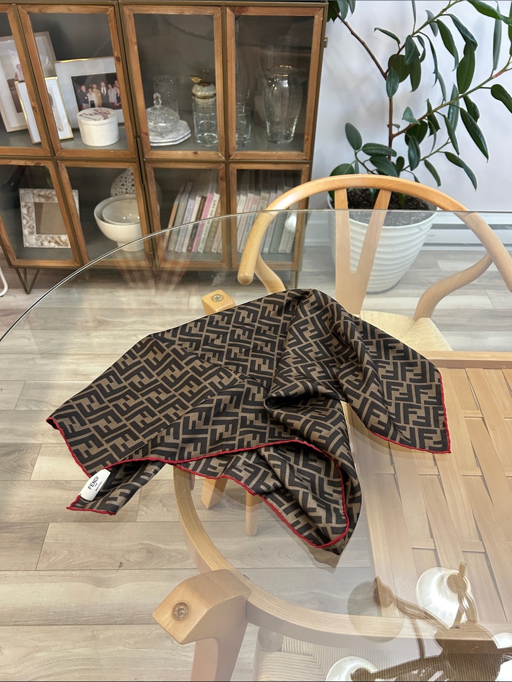 Authentic Fendi 100% Silk Brown Monogram Scarf with Red Edge